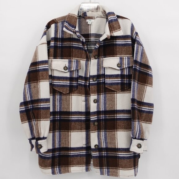 Oversized Plaid Shacket Brown Tan and Blue Medium - Picture 11 of 11